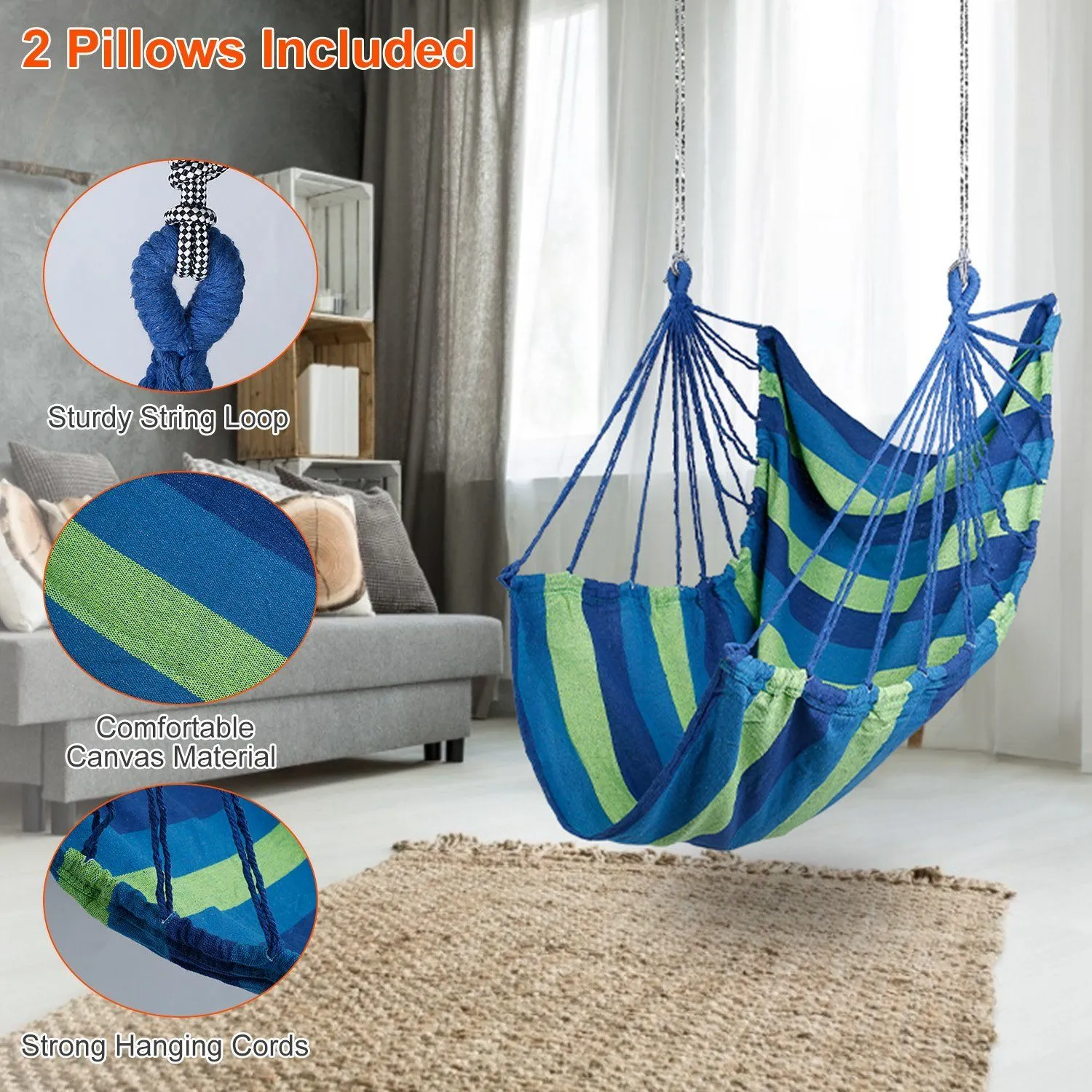 440lbs Hanging Hammock with 2 Pillows