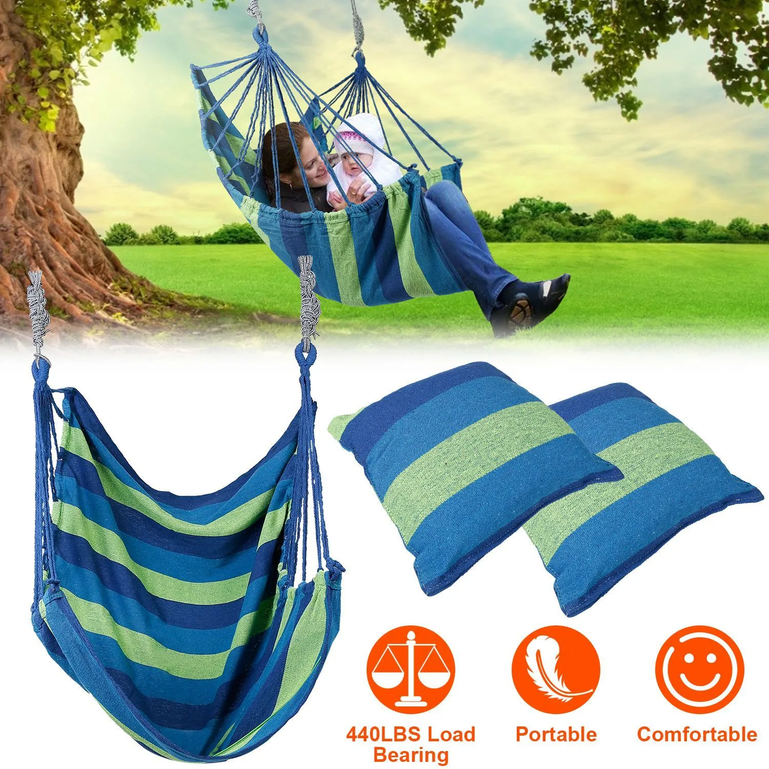 440lbs Hanging Hammock with 2 Pillows