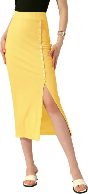 Allegra K Women's Long Pencil Skirt Casual Business Button Decor Ribbed Knit Basic Bodycon Midi Skirts Skorts