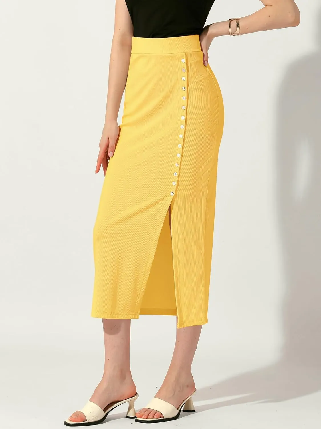 Allegra K Women's Long Pencil Skirt Casual Business Button Decor Ribbed Knit Basic Bodycon Midi Skirts Skorts