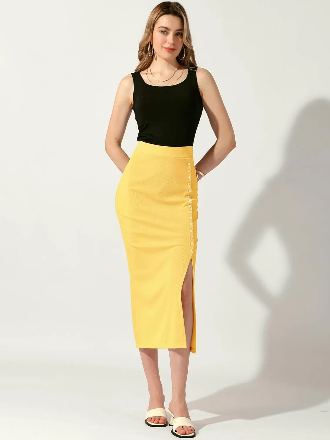Allegra K Women's Long Pencil Skirt Casual Business Button Decor Ribbed Knit Basic Bodycon Midi Skirts Skorts