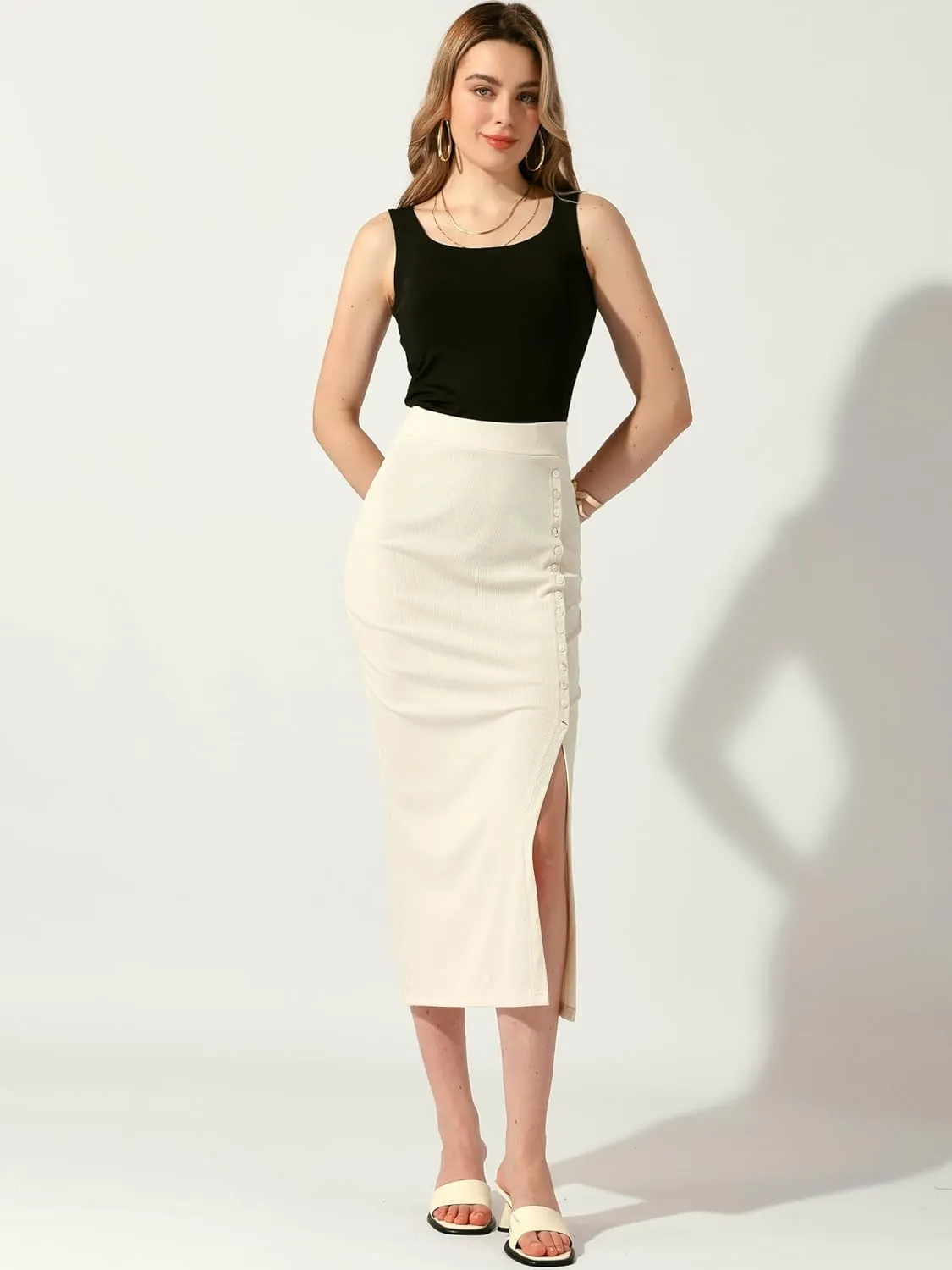 Allegra K Women's Long Pencil Skirt Casual Business Button Decor Ribbed Knit Basic Bodycon Midi Skirts Skorts