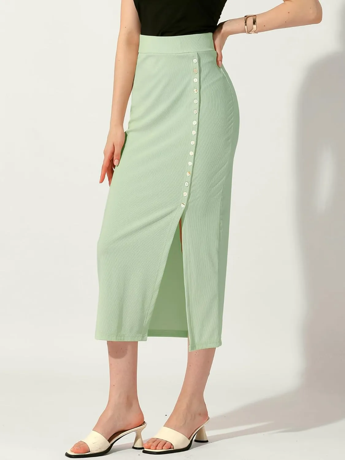Allegra K Women's Long Pencil Skirt Casual Business Button Decor Ribbed Knit Basic Bodycon Midi Skirts Skorts