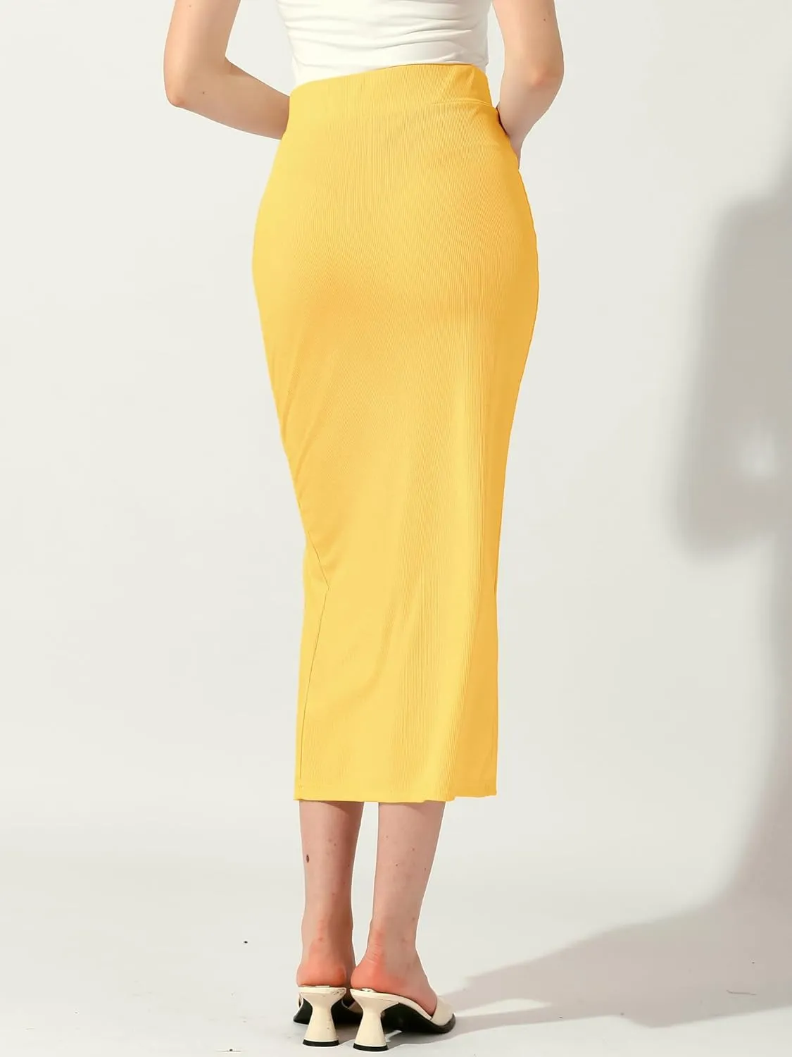 Allegra K Women's Long Pencil Skirt Casual Business Button Decor Ribbed Knit Basic Bodycon Midi Skirts Skorts