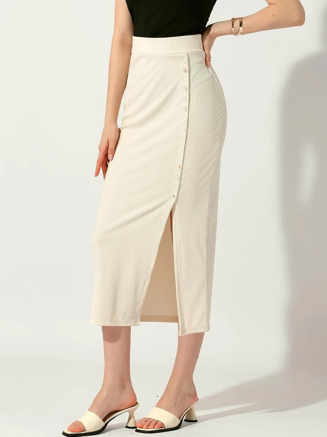 Allegra K Women's Long Pencil Skirt Casual Business Button Decor Ribbed Knit Basic Bodycon Midi Skirts Skorts