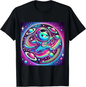 Astronaut Cat Flying Through a Neon Galaxy T-Shirt