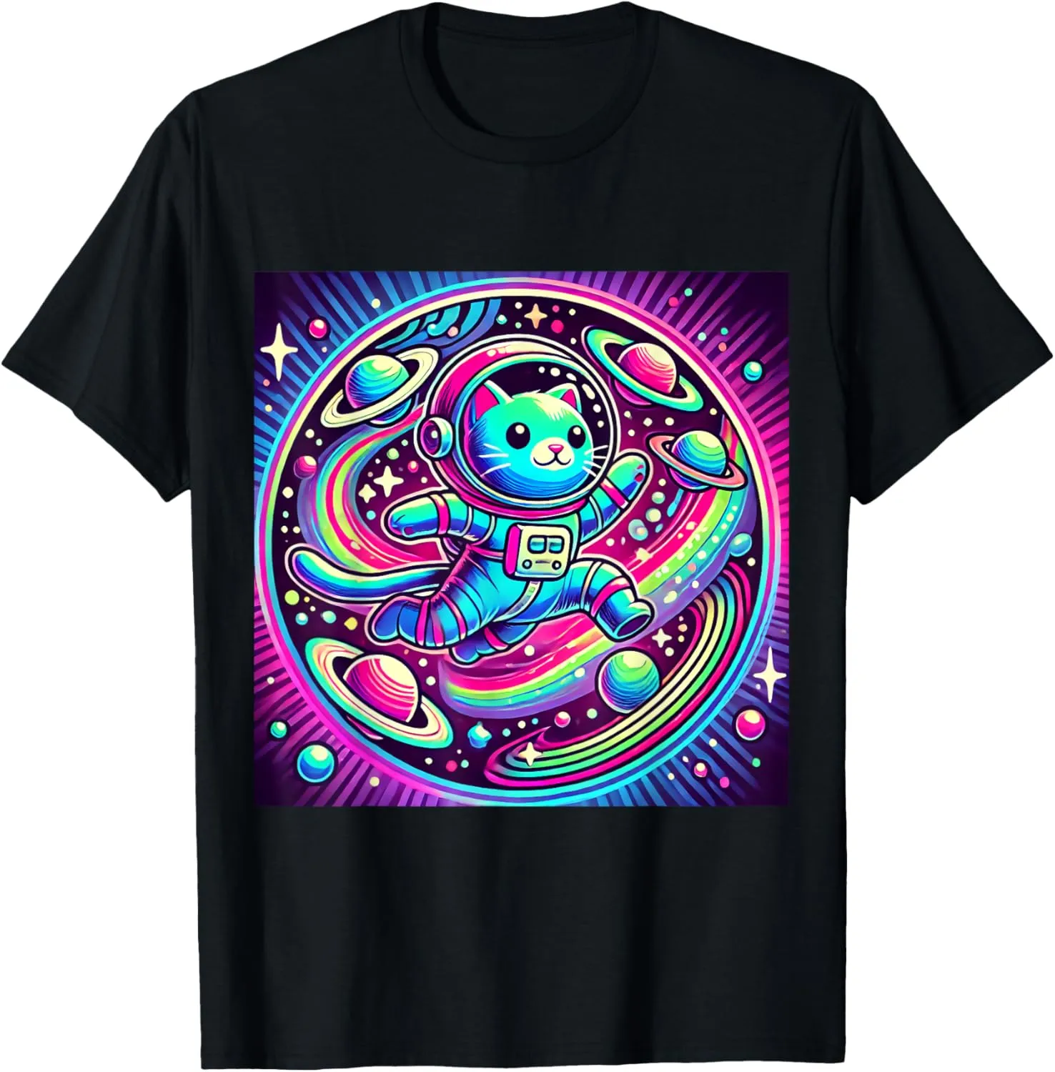 Astronaut Cat Flying Through a Neon Galaxy T-Shirt