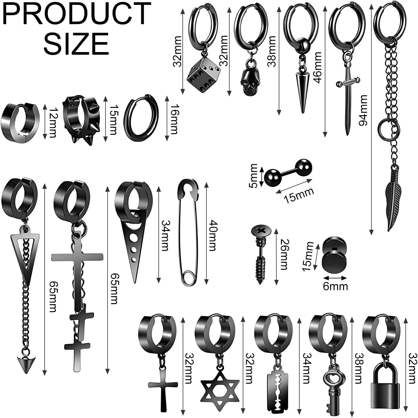 Black Cross Dangle Earrings, Stainless Steel Long Chain Pierced Hoop Earrings Set, Unisex