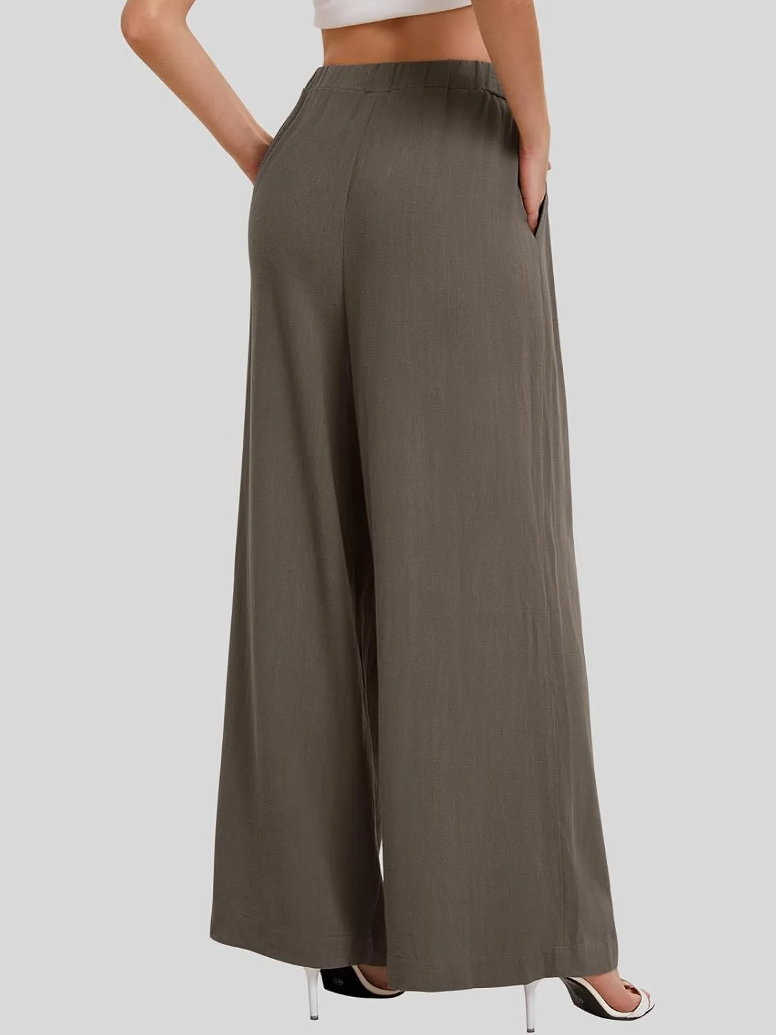 Bloggerlove Linen Palazzo Pants for Women Dressy Summer Wide Leg Flowy Pants Boho Linen Beach Trousers with Pockets