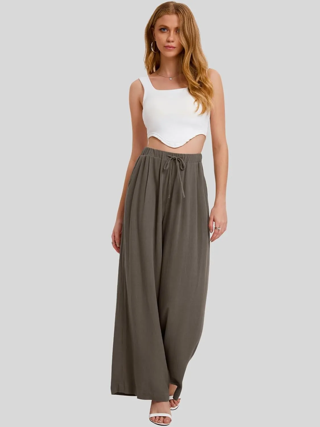 Bloggerlove Linen Palazzo Pants for Women Dressy Summer Wide Leg Flowy Pants Boho Linen Beach Trousers with Pockets