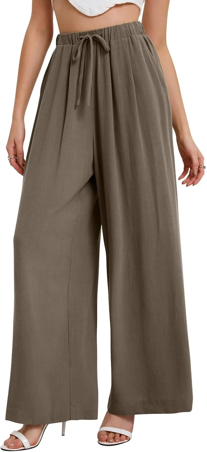 Bloggerlove Linen Palazzo Pants for Women Dressy Summer Wide Leg Flowy Pants Boho Linen Beach Trousers with Pockets