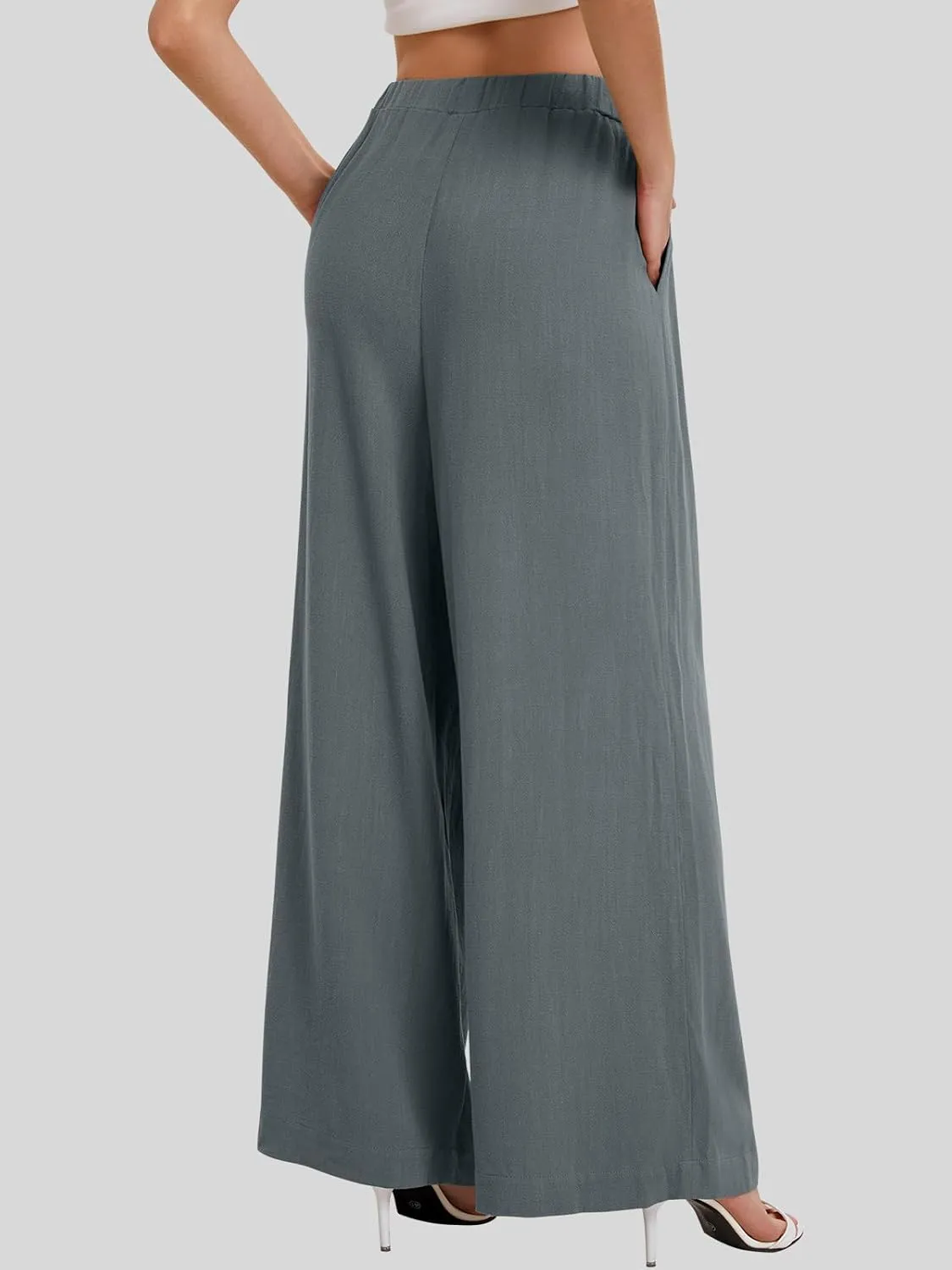 Bloggerlove Linen Palazzo Pants for Women Dressy Summer Wide Leg Flowy Pants Boho Linen Beach Trousers with Pockets