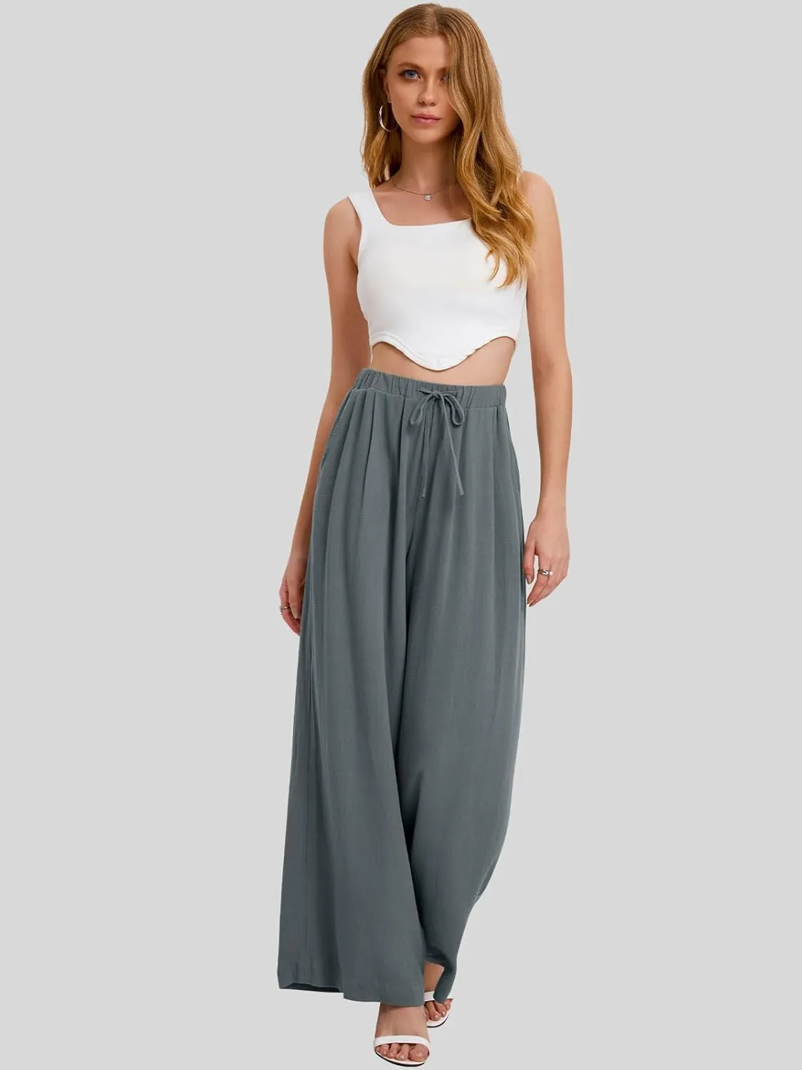 Bloggerlove Linen Palazzo Pants for Women Dressy Summer Wide Leg Flowy Pants Boho Linen Beach Trousers with Pockets