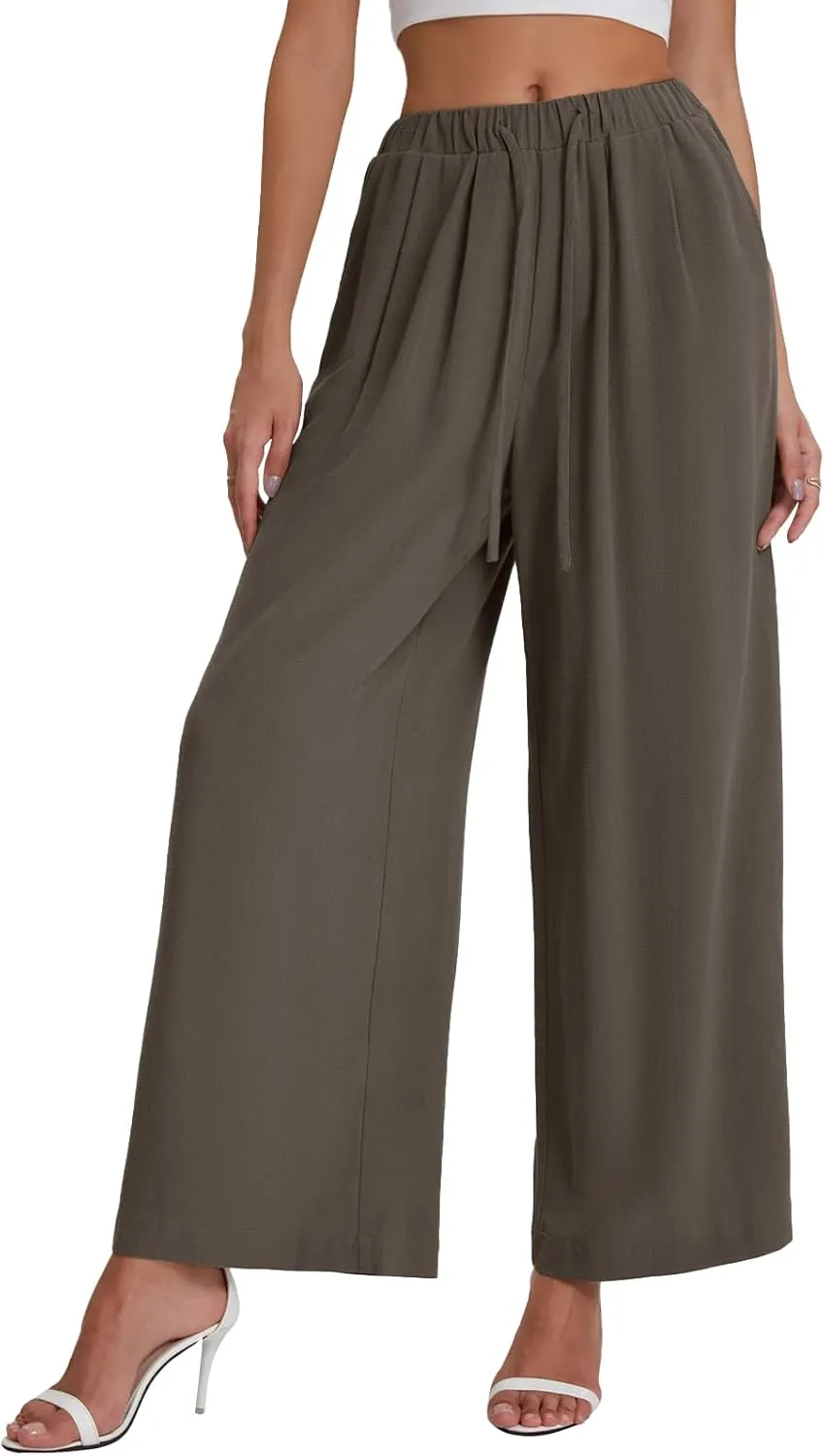 Bloggerlove Linen Palazzo Pants for Women Dressy Summer Wide Leg Flowy Pants Boho Linen Beach Trousers with Pockets