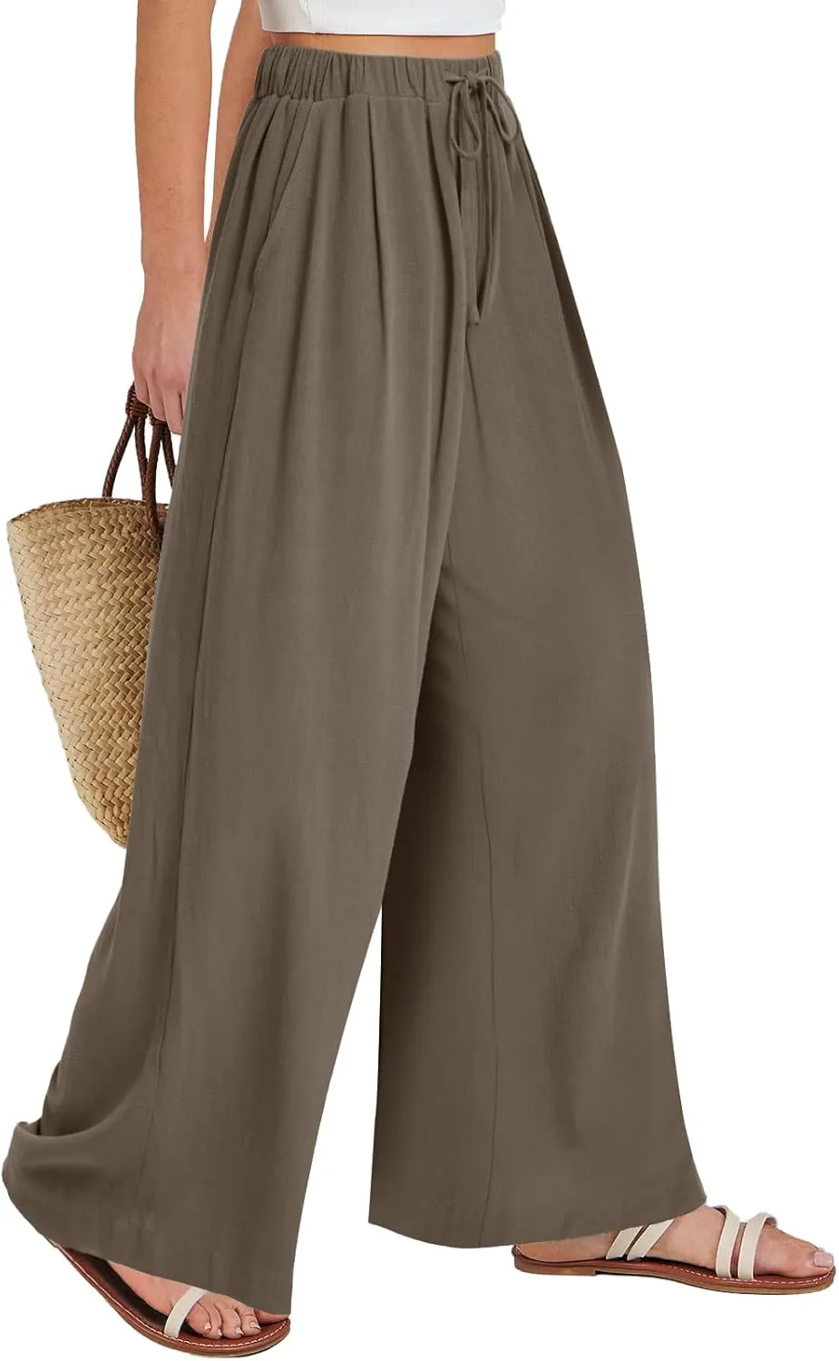 Bloggerlove Linen Palazzo Pants for Women Dressy Summer Wide Leg Flowy Pants Boho Linen Beach Trousers with Pockets