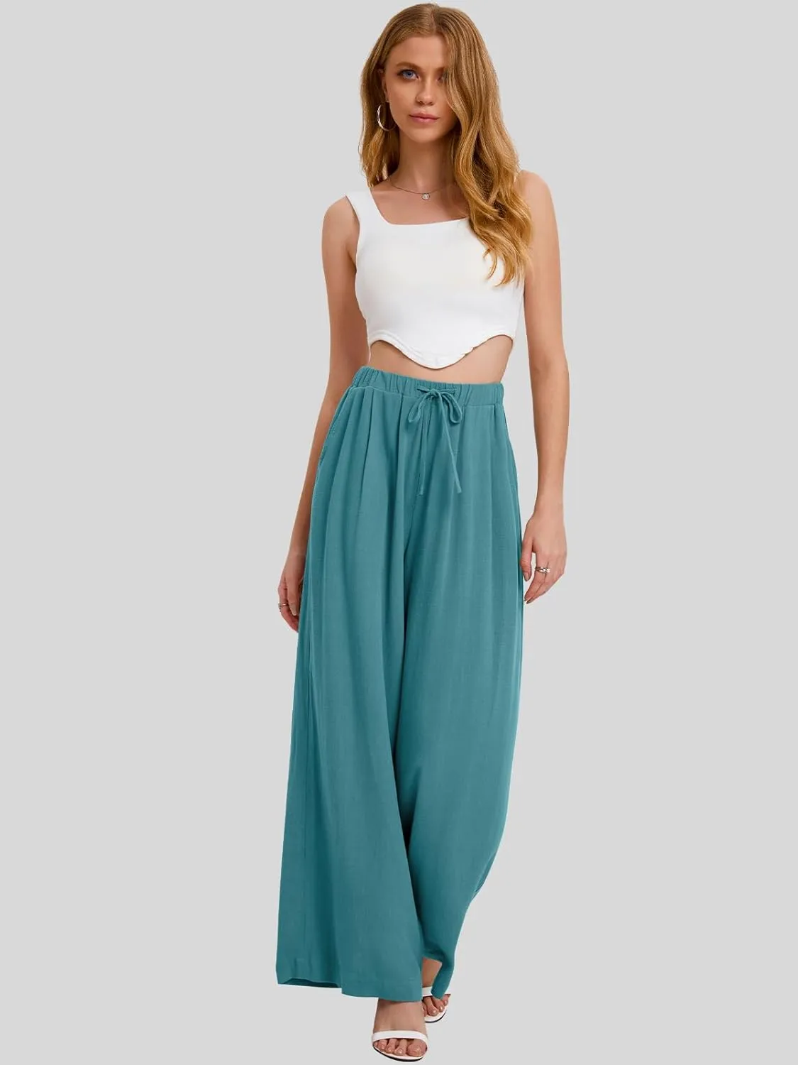 Bloggerlove Linen Palazzo Pants for Women Dressy Summer Wide Leg Flowy Pants Boho Linen Beach Trousers with Pockets