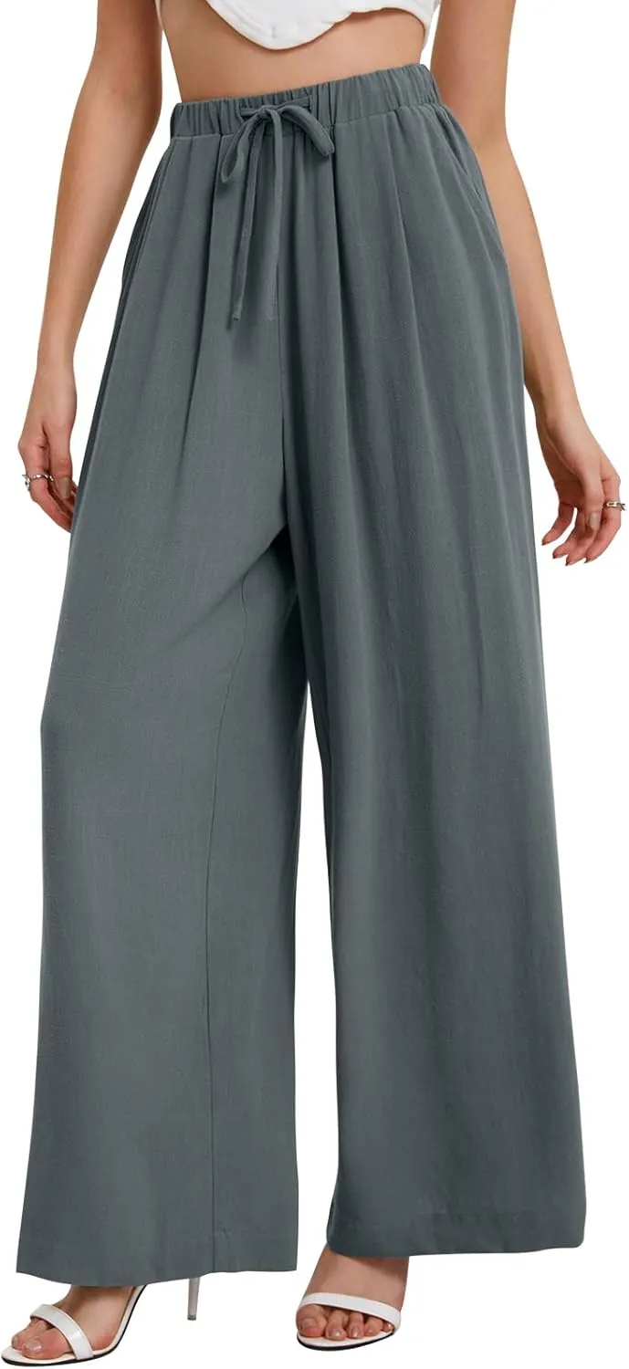 Bloggerlove Linen Palazzo Pants for Women Dressy Summer Wide Leg Flowy Pants Boho Linen Beach Trousers with Pockets