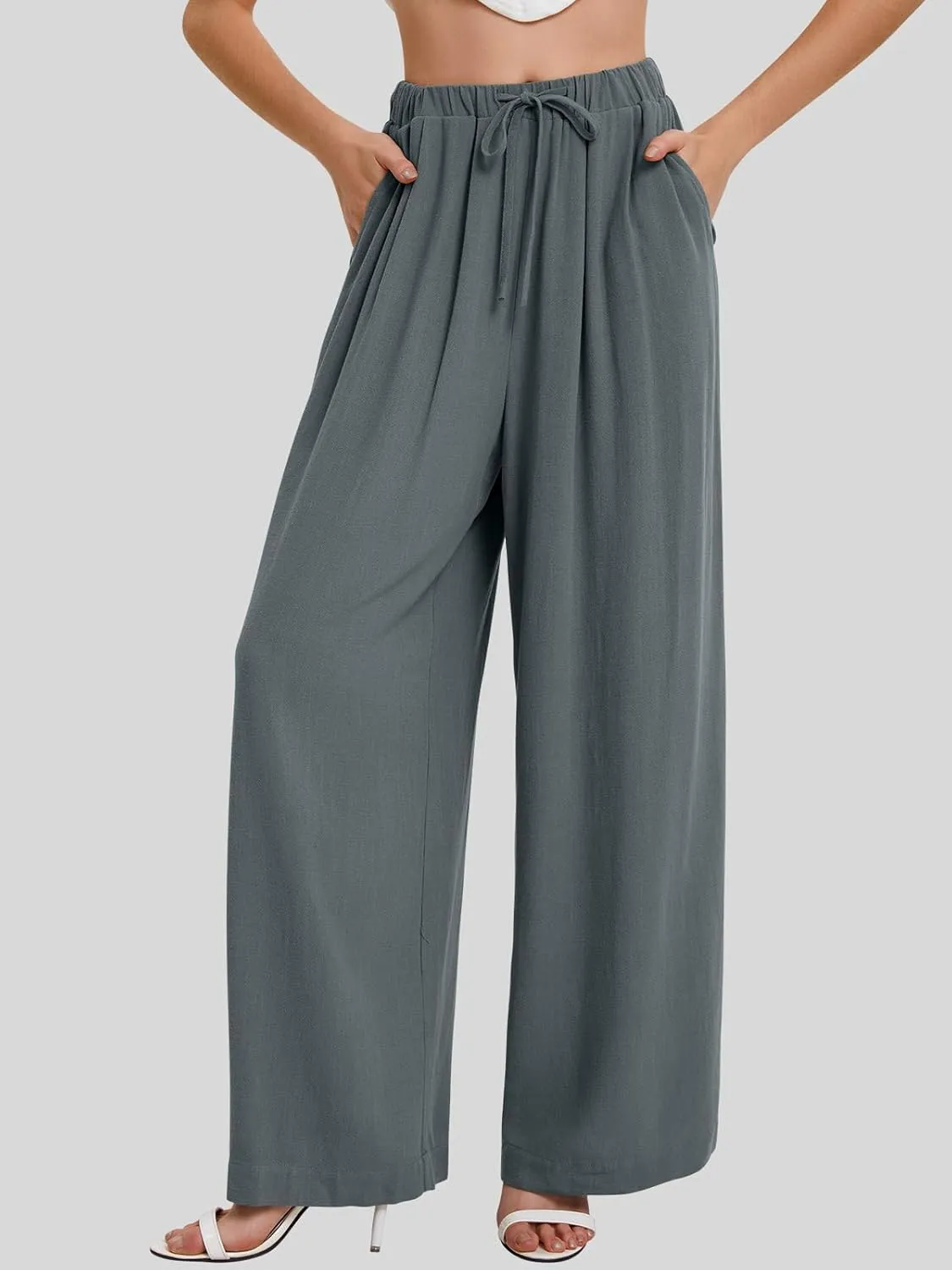 Bloggerlove Linen Palazzo Pants for Women Dressy Summer Wide Leg Flowy Pants Boho Linen Beach Trousers with Pockets