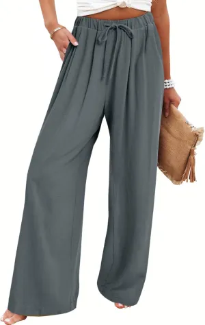Bloggerlove Linen Palazzo Pants for Women Dressy Summer Wide Leg Flowy Pants Boho Linen Beach Trousers with Pockets