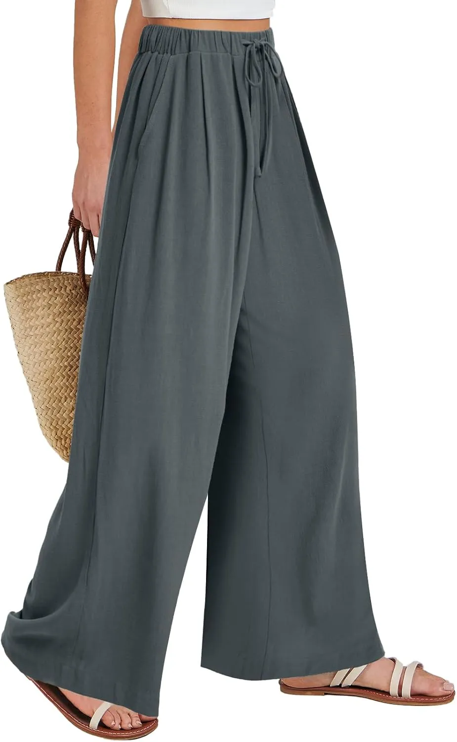 Bloggerlove Linen Palazzo Pants for Women Dressy Summer Wide Leg Flowy Pants Boho Linen Beach Trousers with Pockets