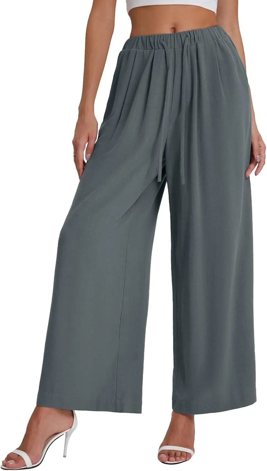 Bloggerlove Linen Palazzo Pants for Women Dressy Summer Wide Leg Flowy Pants Boho Linen Beach Trousers with Pockets
