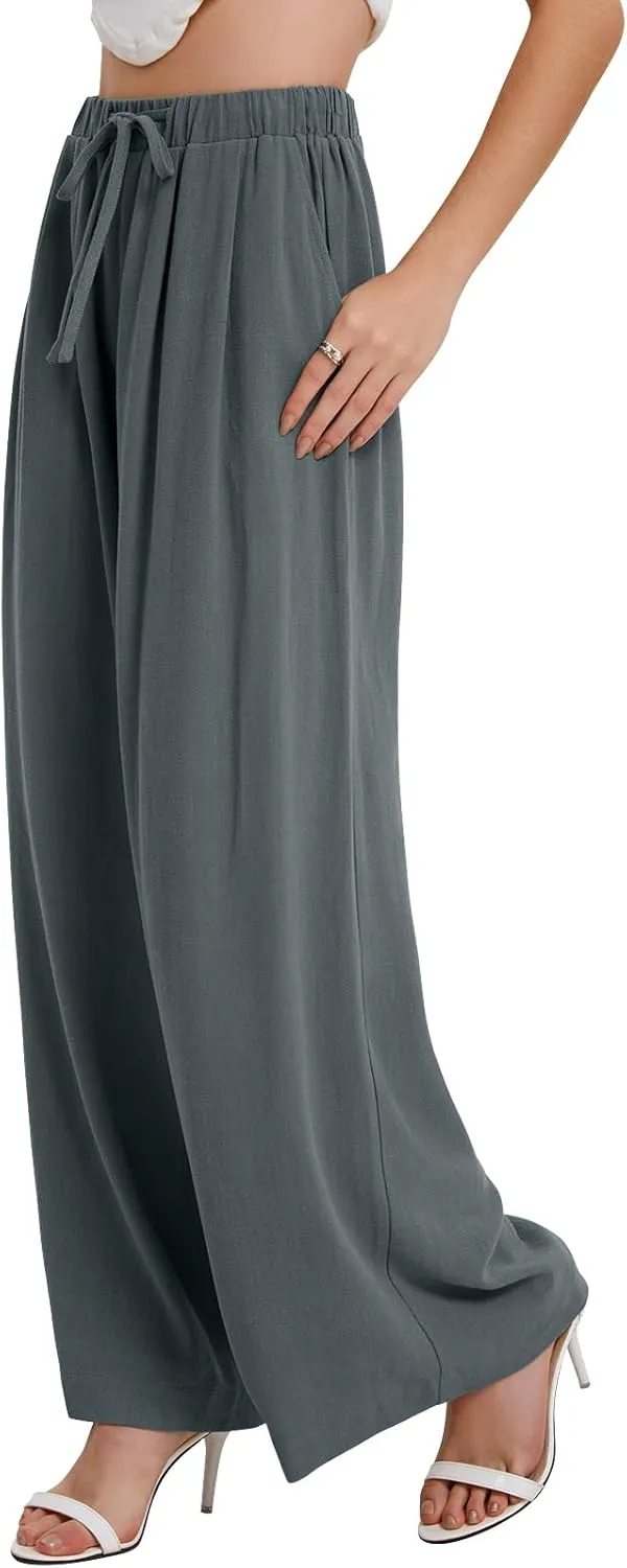 Bloggerlove Linen Palazzo Pants for Women Dressy Summer Wide Leg Flowy Pants Boho Linen Beach Trousers with Pockets