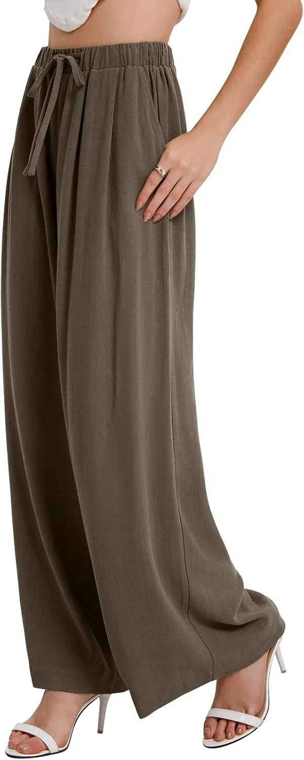 Bloggerlove Linen Palazzo Pants for Women Dressy Summer Wide Leg Flowy Pants Boho Linen Beach Trousers with Pockets
