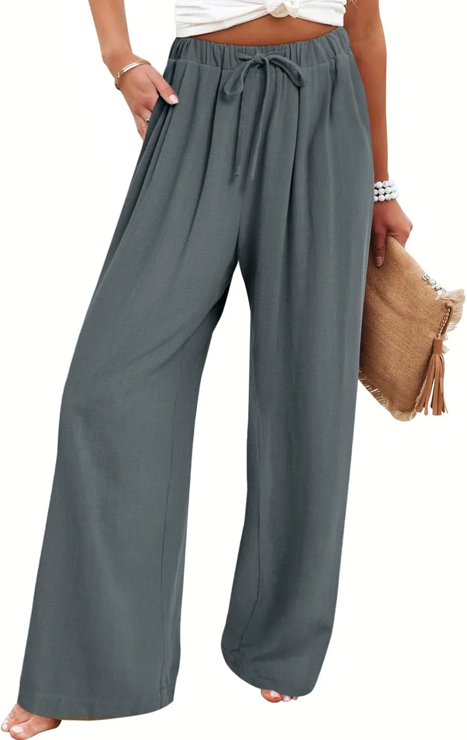Bloggerlove Linen Palazzo Pants for Women Dressy Summer Wide Leg Flowy Pants Boho Linen Beach Trousers with Pockets