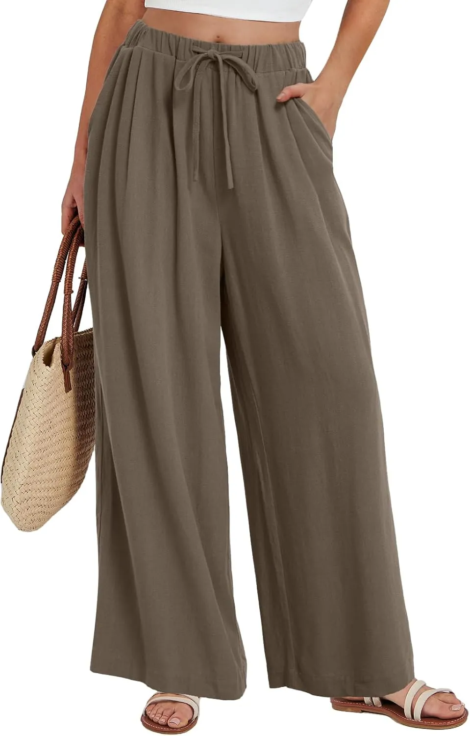 Bloggerlove Linen Palazzo Pants for Women Dressy Summer Wide Leg Flowy Pants Boho Linen Beach Trousers with Pockets