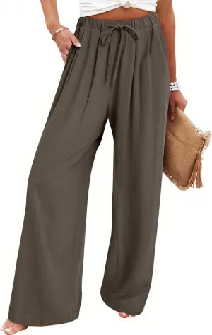 Bloggerlove Linen Palazzo Pants for Women Dressy Summer Wide Leg Flowy Pants Boho Linen Beach Trousers with Pockets