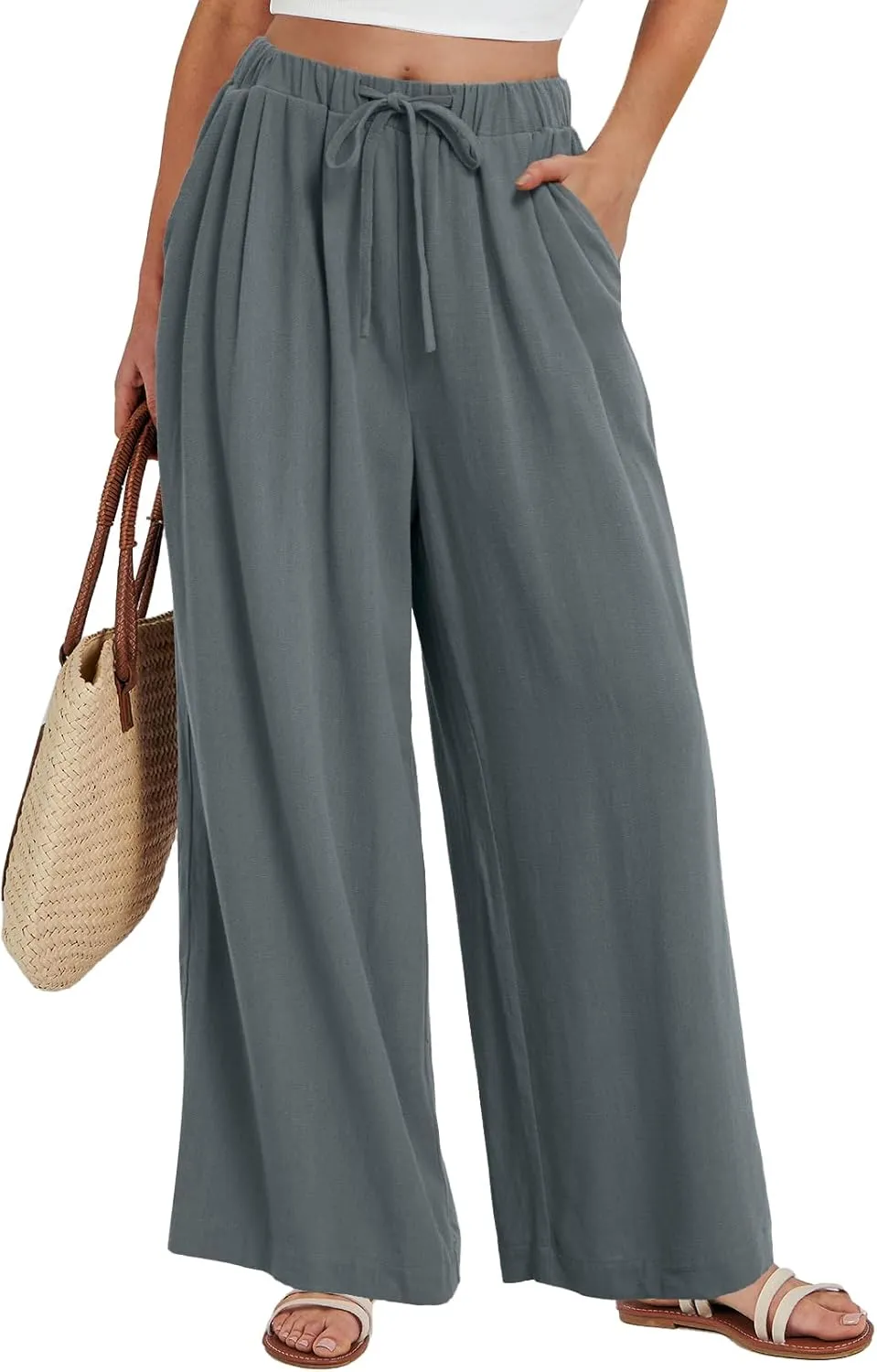Bloggerlove Linen Palazzo Pants for Women Dressy Summer Wide Leg Flowy Pants Boho Linen Beach Trousers with Pockets