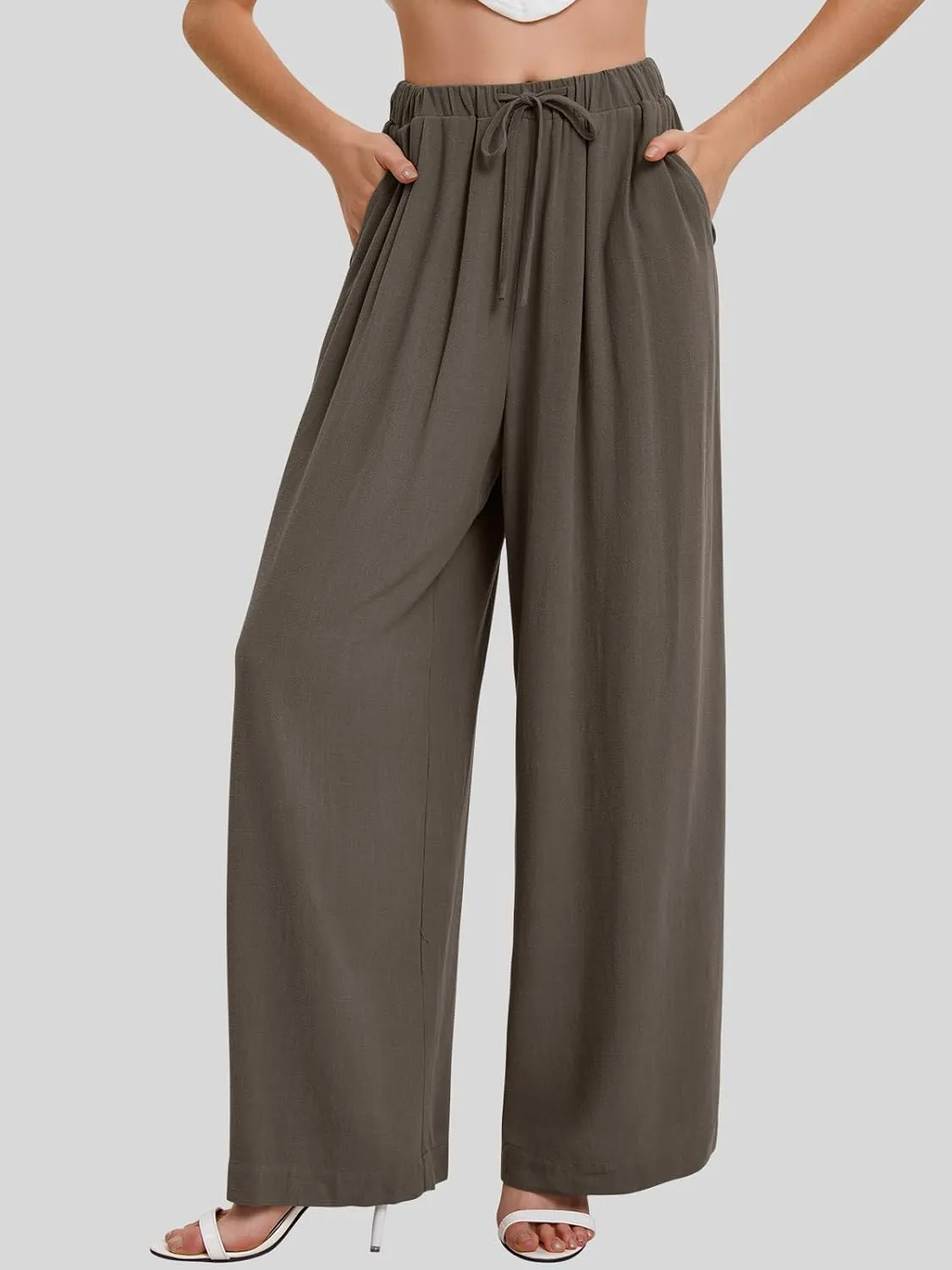 Bloggerlove Linen Palazzo Pants for Women Dressy Summer Wide Leg Flowy Pants Boho Linen Beach Trousers with Pockets