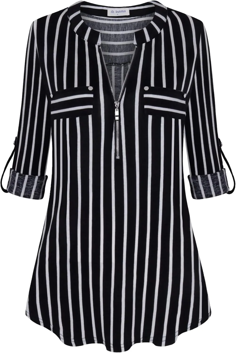 Bulotus Women's Zip Front V-Neck 3/4 Sleeve Tunic Casual Top