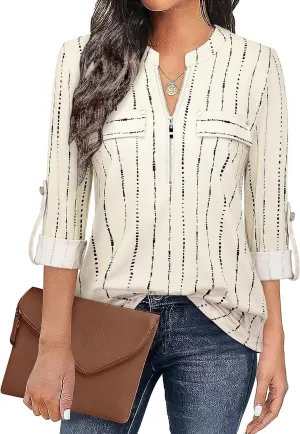 Bulotus Women's Zip Front V-Neck 3/4 Sleeve Tunic Casual Top