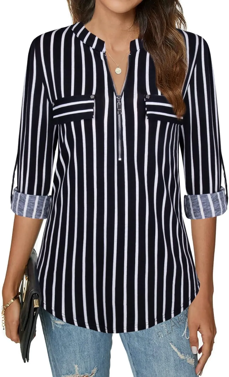 Bulotus Women's Zip Front V-Neck 3/4 Sleeve Tunic Casual Top