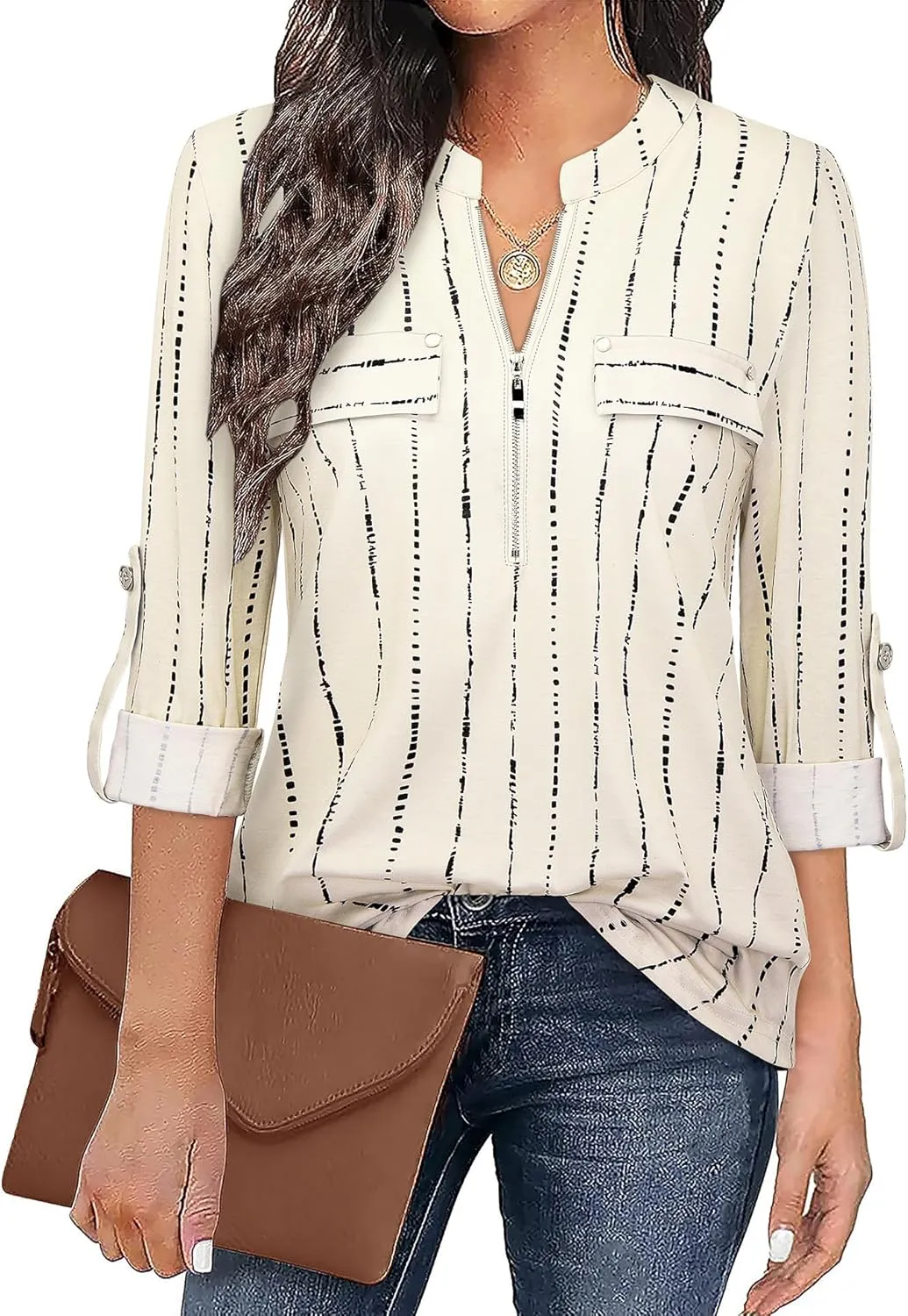 Bulotus Women's Zip Front V-Neck 3/4 Sleeve Tunic Casual Top