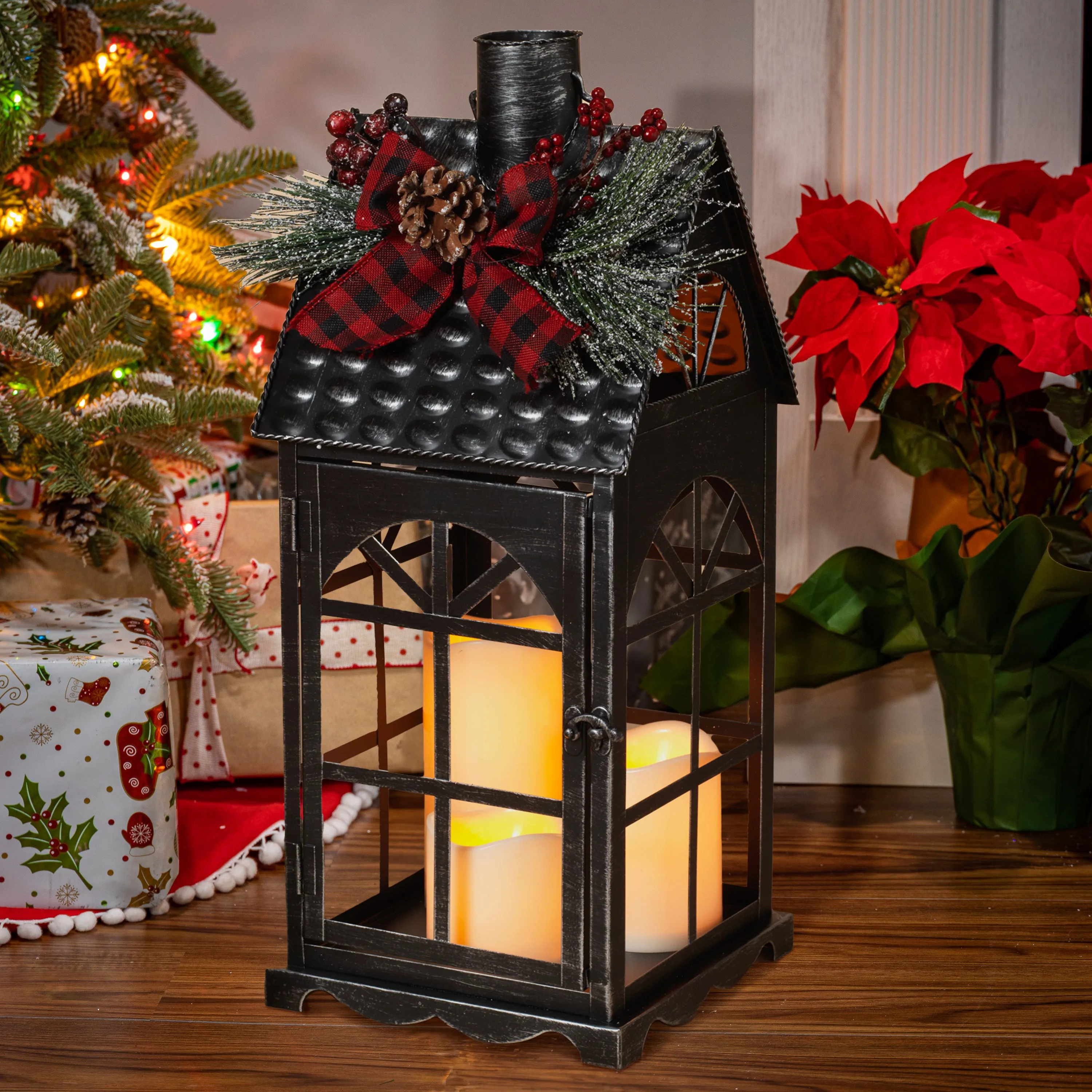Christmas Holiday Lantern with Faux Floral Accents, LED candle
