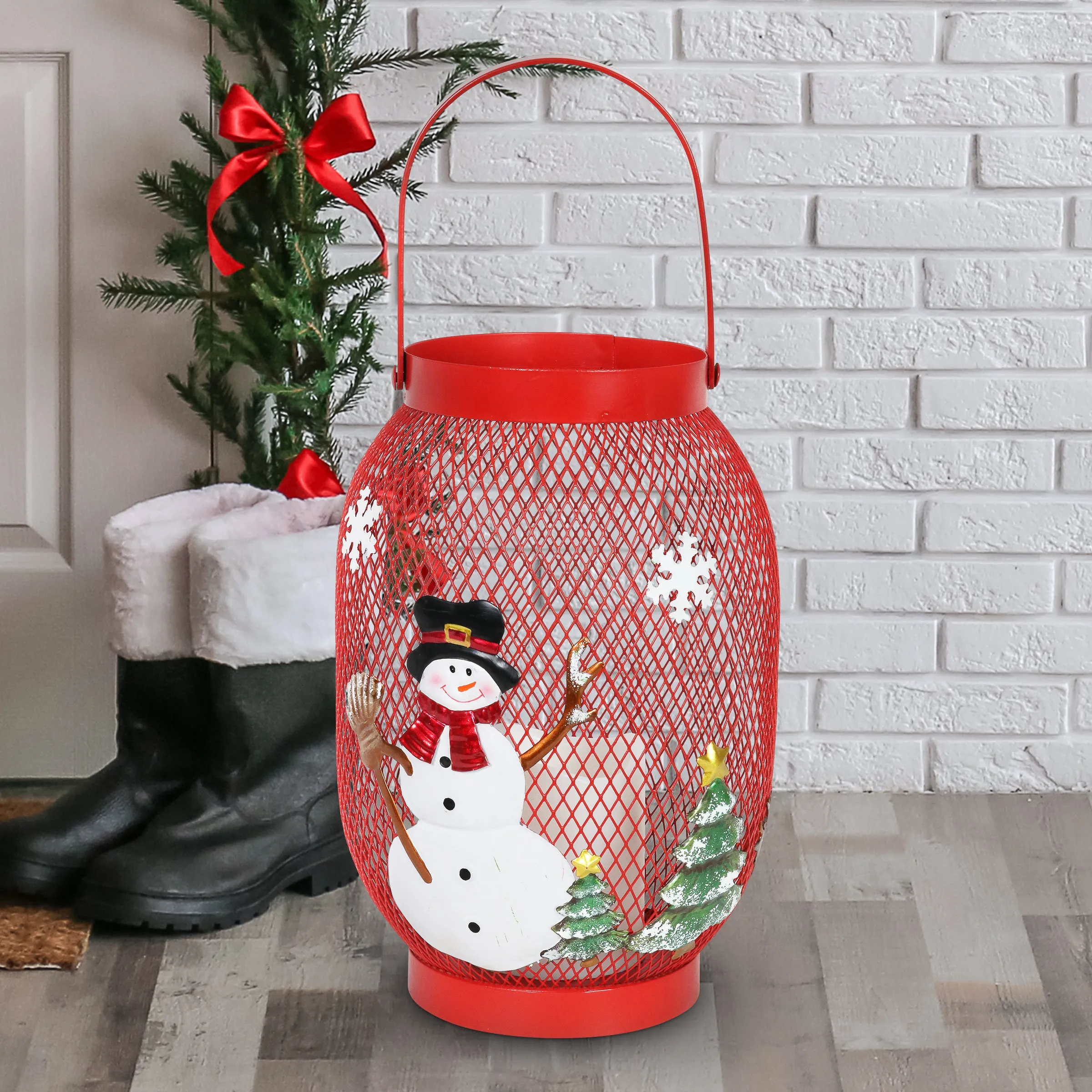 Christmas Snowman Lantern with LED Candle on a Battery Powered Timer, 14.5  Inch