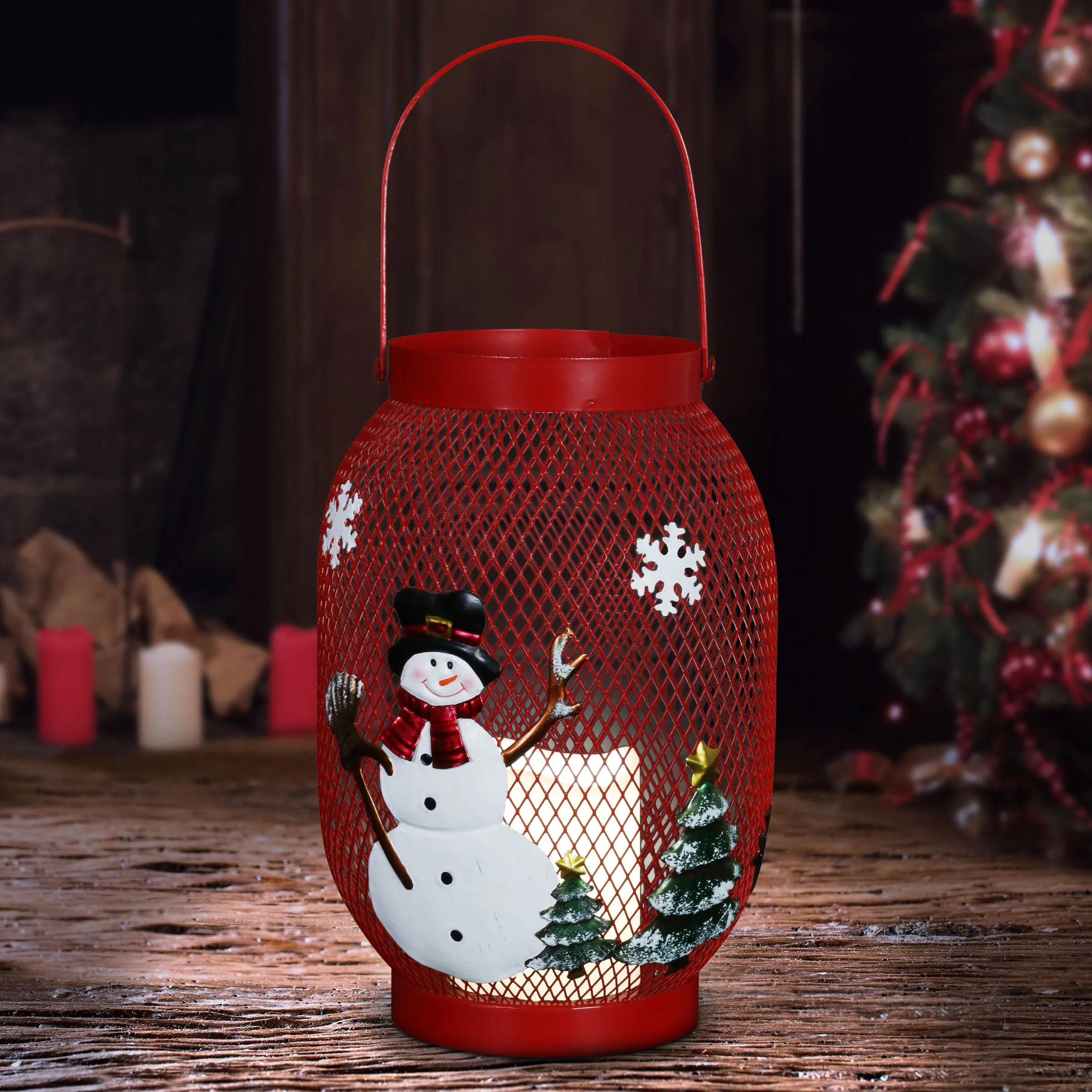 Christmas Snowman Lantern with LED Candle on a Battery Powered Timer, 14.5  Inch