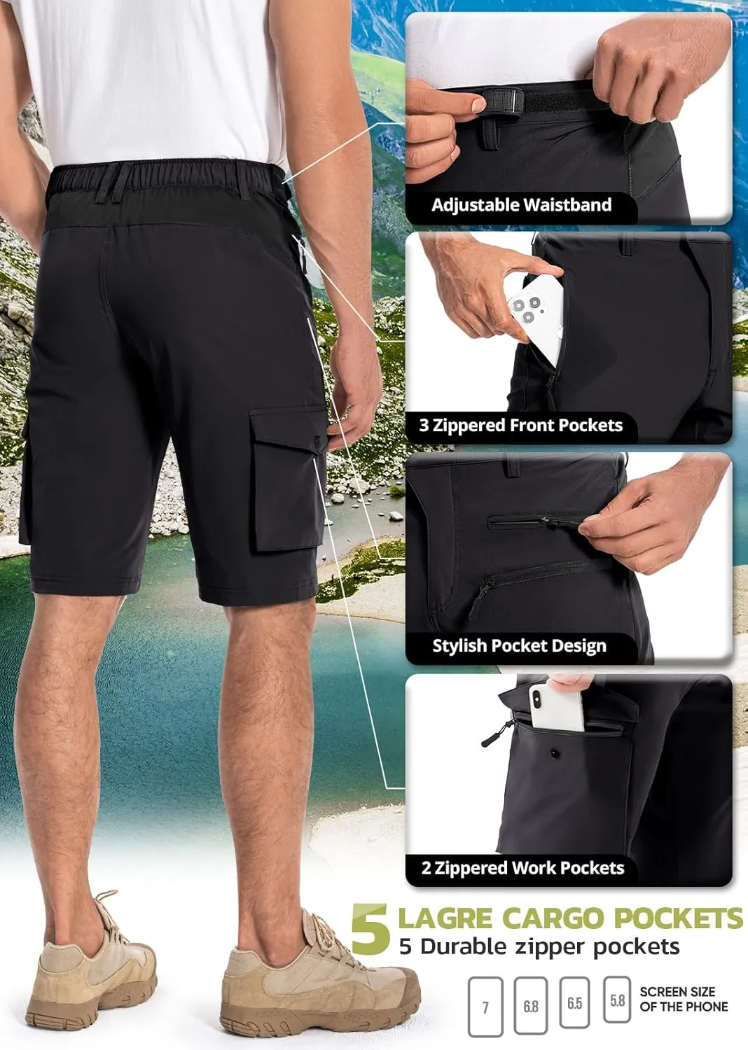 Hiauspor Men's Hiking Cargo Shorts Quick Dry Lightweight Casual Fishing Tactical Golf for Outdoor with 5 Pockets