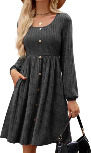 JUSTFASHIONNOW Womens Knit Dress Long Sleeve Knee Length Dresses Button Fall Dress with Pockets Trendy 2025