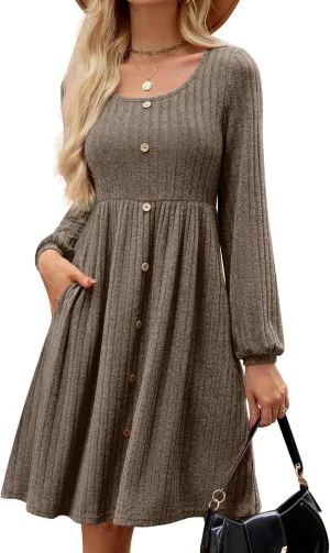 JUSTFASHIONNOW Womens Knit Dress Long Sleeve Knee Length Dresses Button Fall Dress with Pockets Trendy 2025