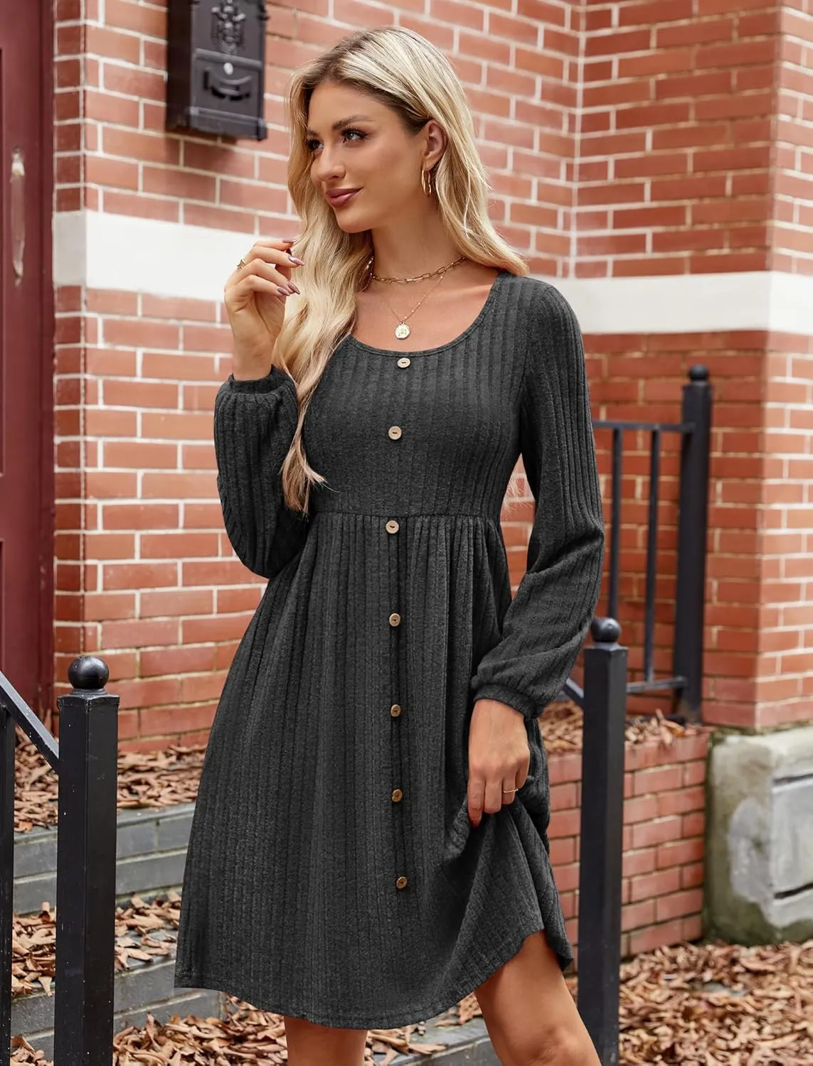JUSTFASHIONNOW Womens Knit Dress Long Sleeve Knee Length Dresses Button Fall Dress with Pockets Trendy 2025