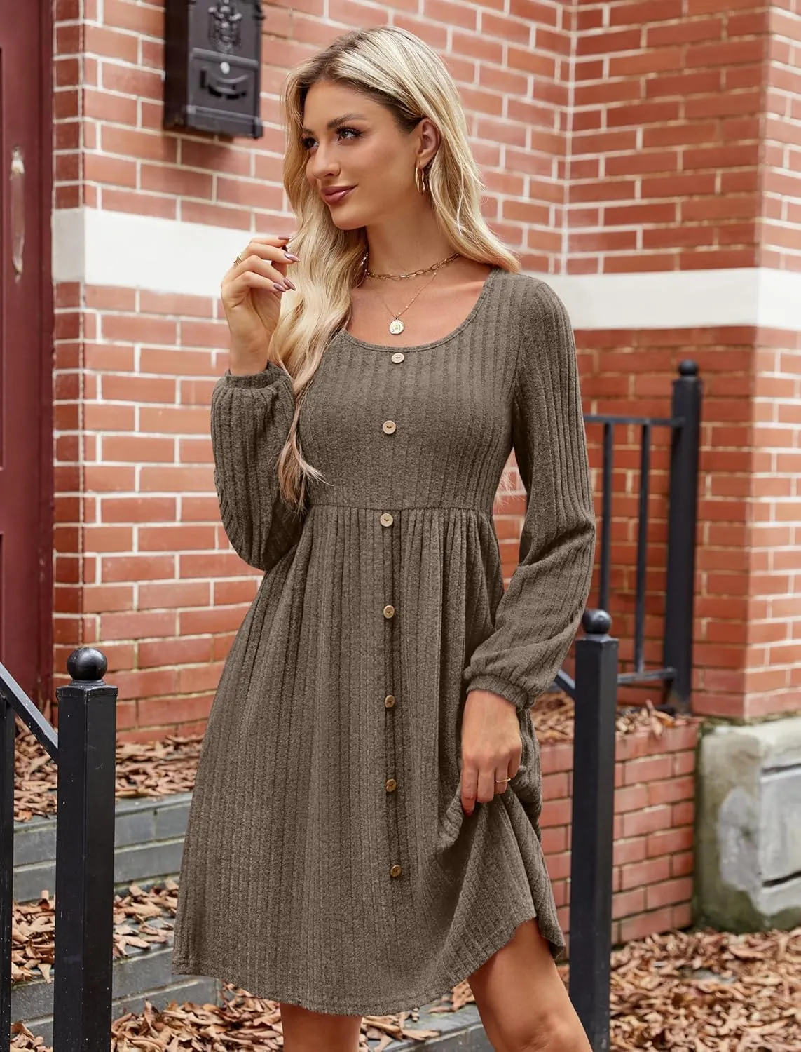 JUSTFASHIONNOW Womens Knit Dress Long Sleeve Knee Length Dresses Button Fall Dress with Pockets Trendy 2025