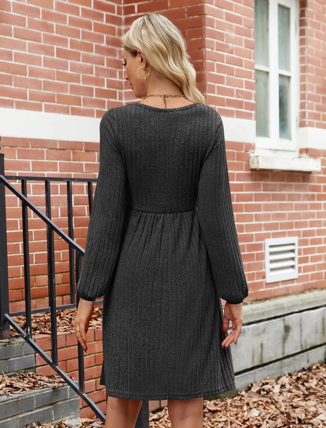 JUSTFASHIONNOW Womens Knit Dress Long Sleeve Knee Length Dresses Button Fall Dress with Pockets Trendy 2025