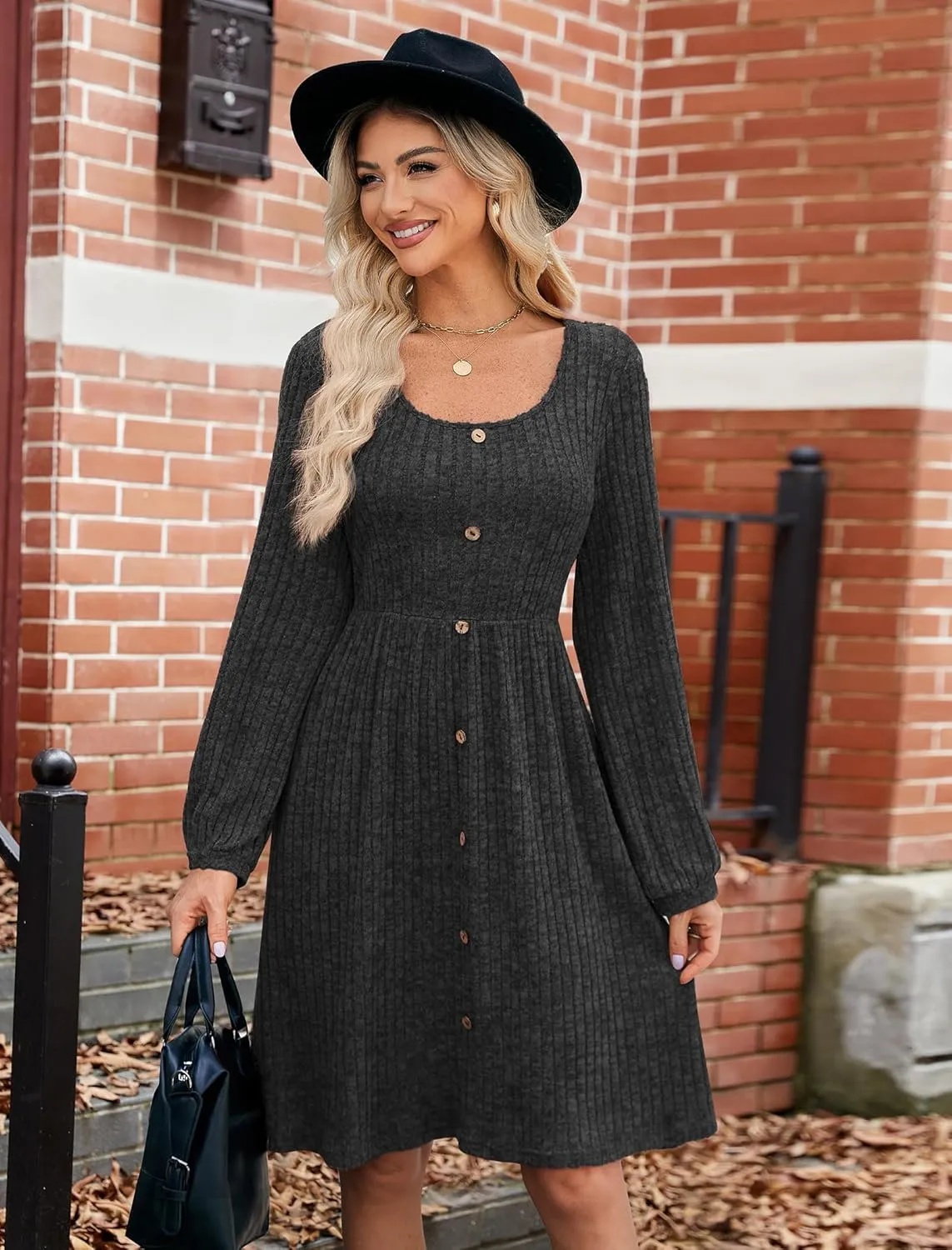 JUSTFASHIONNOW Womens Knit Dress Long Sleeve Knee Length Dresses Button Fall Dress with Pockets Trendy 2025