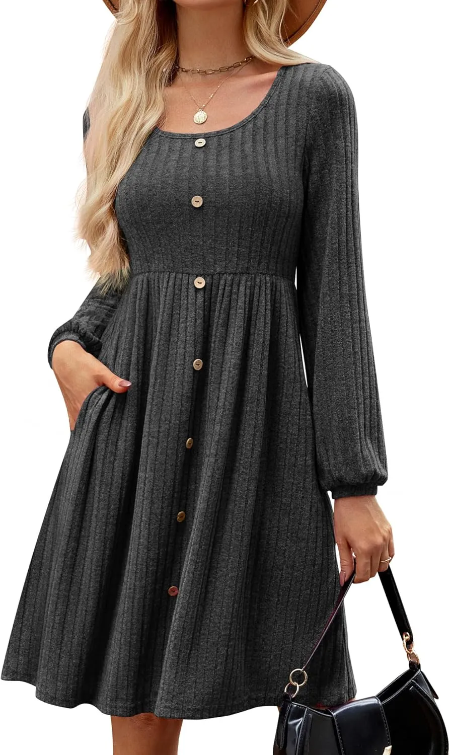 JUSTFASHIONNOW Womens Knit Dress Long Sleeve Knee Length Dresses Button Fall Dress with Pockets Trendy 2025