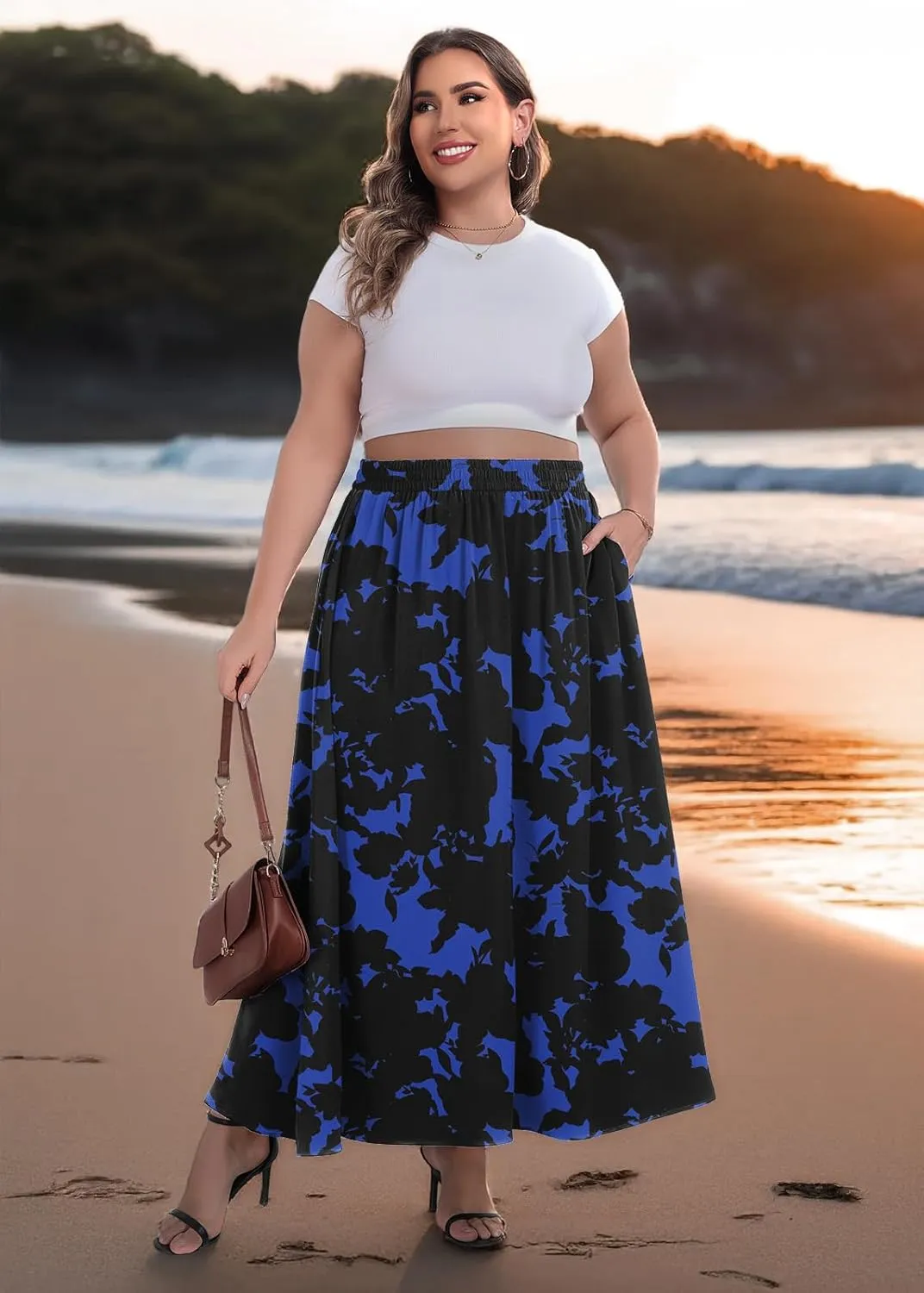 Lastshe Plus Size Maxi Skirts for Women Casual Elastic High Waisted Hide Drawstring Flowy A-line Long Skirt with Pockets