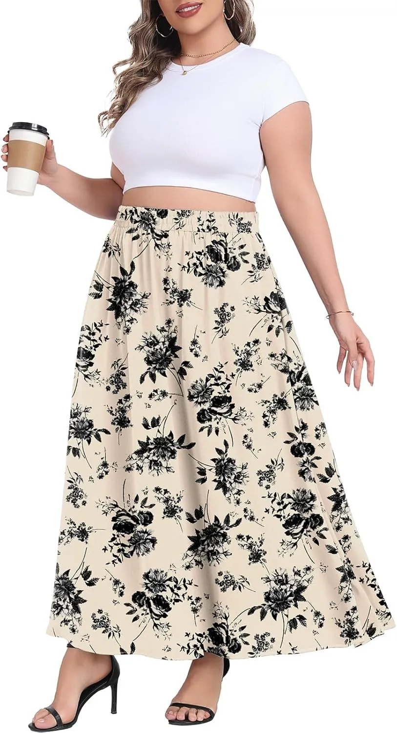Lastshe Plus Size Maxi Skirts for Women Casual Elastic High Waisted Hide Drawstring Flowy A-line Long Skirt with Pockets