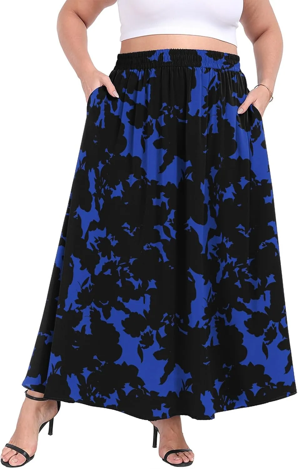 Lastshe Plus Size Maxi Skirts for Women Casual Elastic High Waisted Hide Drawstring Flowy A-line Long Skirt with Pockets